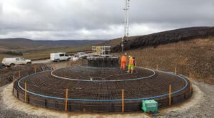 Construction of wind turbine base showing concrete and steel fixing Dorenell Wind Farm
