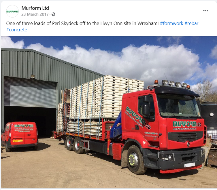 Formwork Contractor Murform red truck loaded with peri skydeck panels